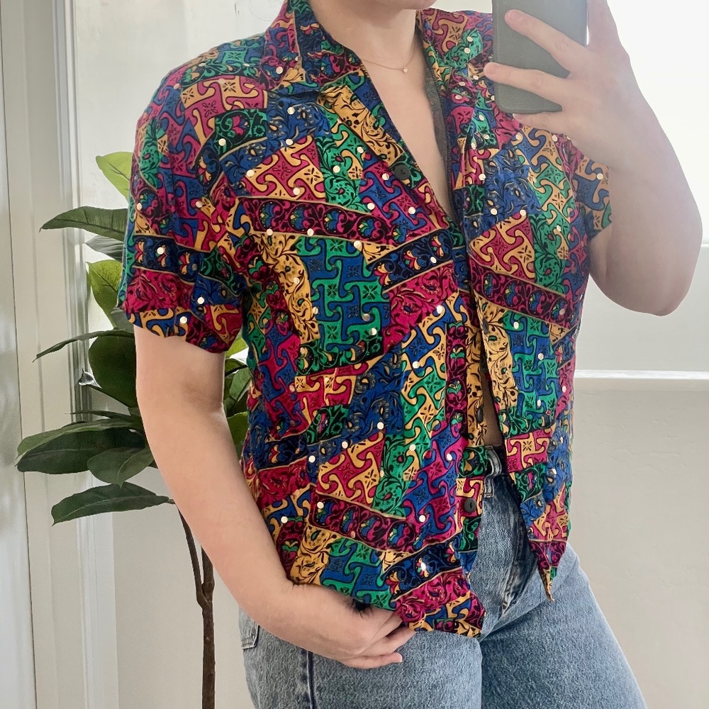 Vintage Abstract Sequin Shimmer Retro Button Down Geo Hipster Boho Blouse Top